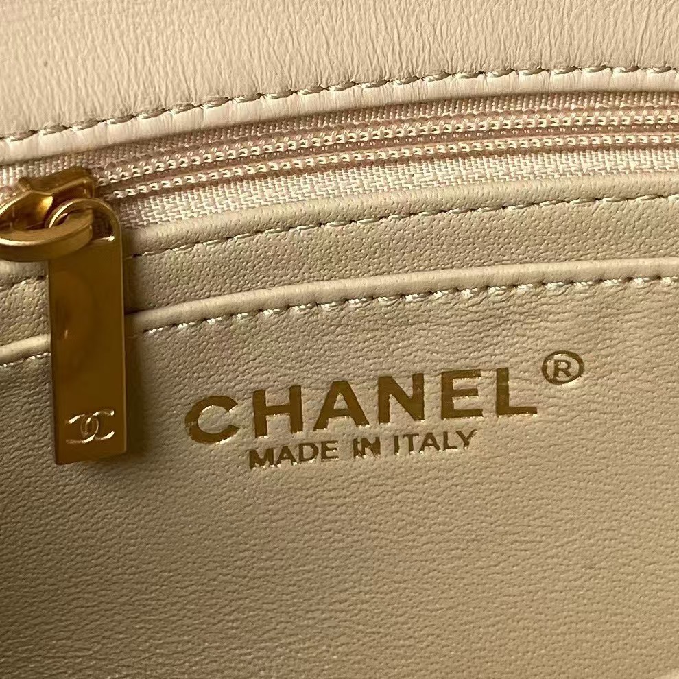 Chanel 23K AS1787 Mini Pearl Embossed Rectangular Flap Bag Lambskin Brushed Metal Hardware Apricot - Image 6