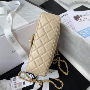 Chanel 23K AS1787 Mini Pearl Embossed Rectangular Flap Bag Lambskin Brushed Metal Hardware Apricot