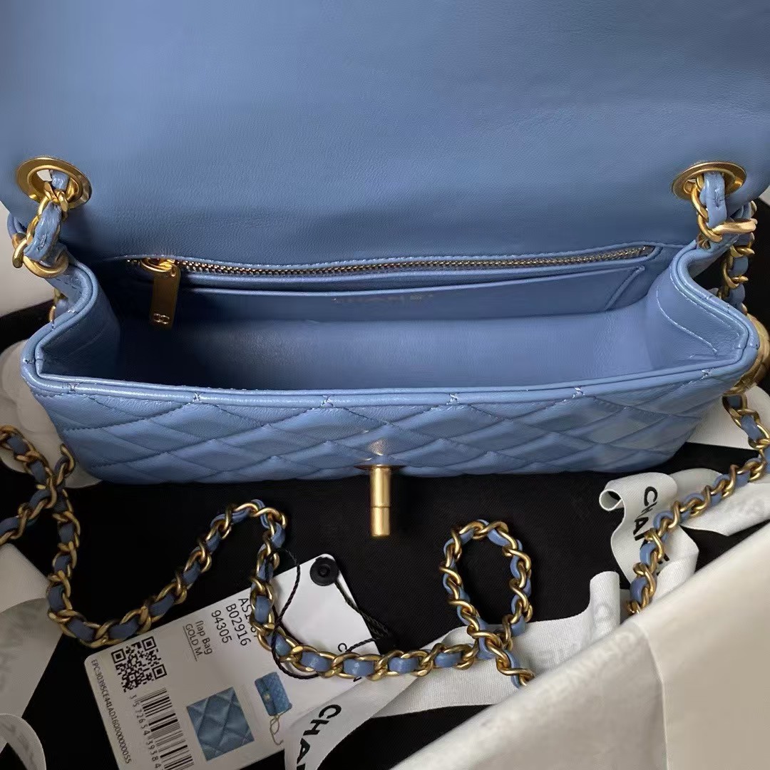 Chanel 23K AS1787 Mini Pearl Embossed Rectangular Flap Bag Lambskin Brushed Metal Hardware Blue - Image 2