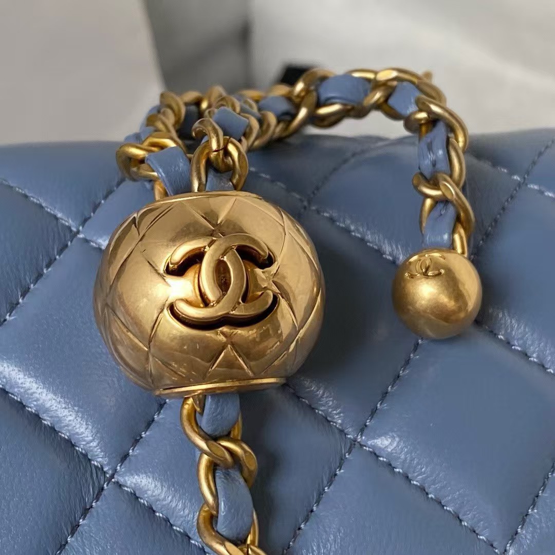 Chanel 23K AS1787 Mini Pearl Embossed Rectangular Flap Bag Lambskin Brushed Metal Hardware Blue - Image 3