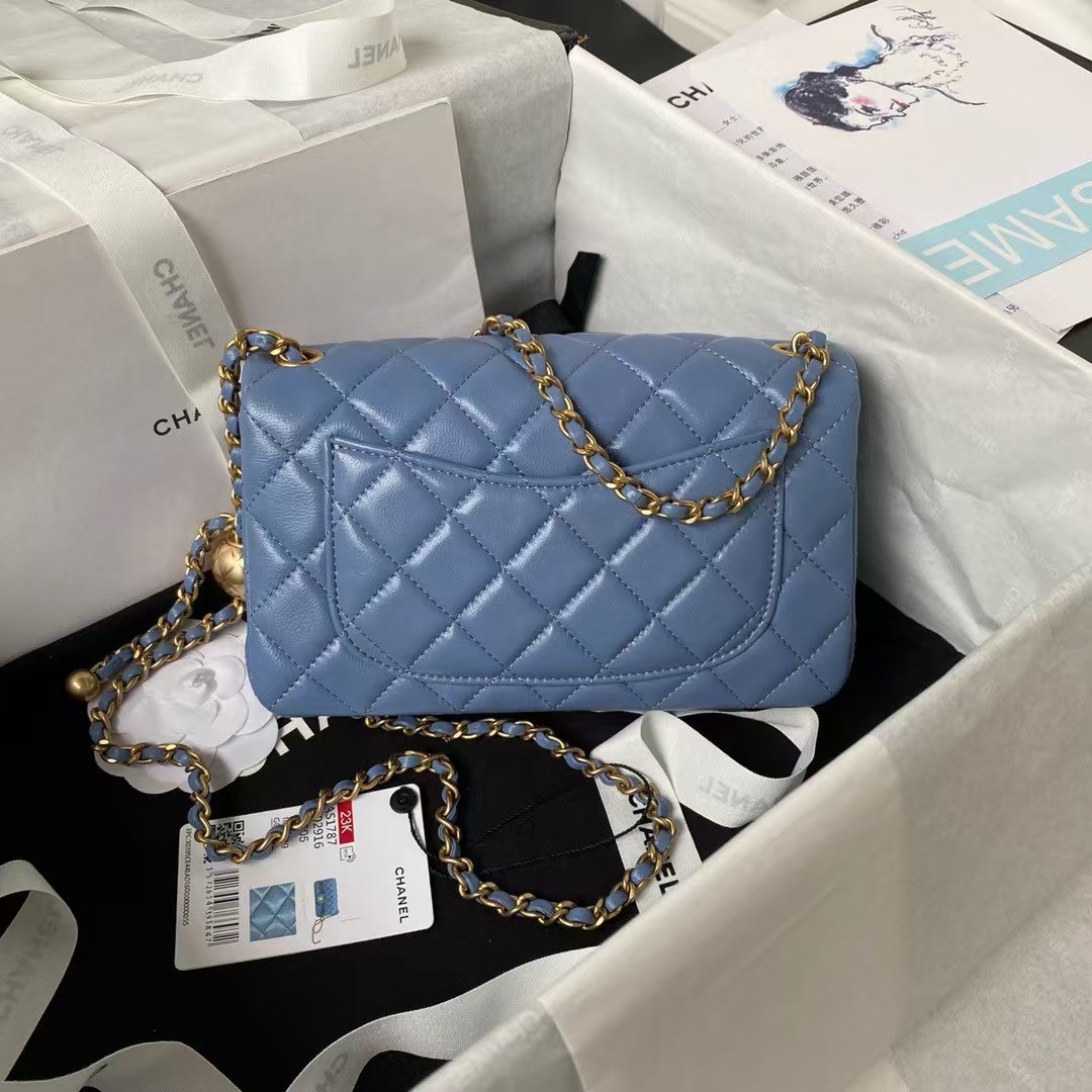 Chanel 23K AS1787 Mini Pearl Embossed Rectangular Flap Bag Lambskin Brushed Metal Hardware Blue - Image 9