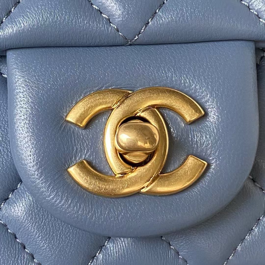 Chanel 23K AS1787 Mini Pearl Embossed Rectangular Flap Bag Lambskin Brushed Metal Hardware Blue - Image 7