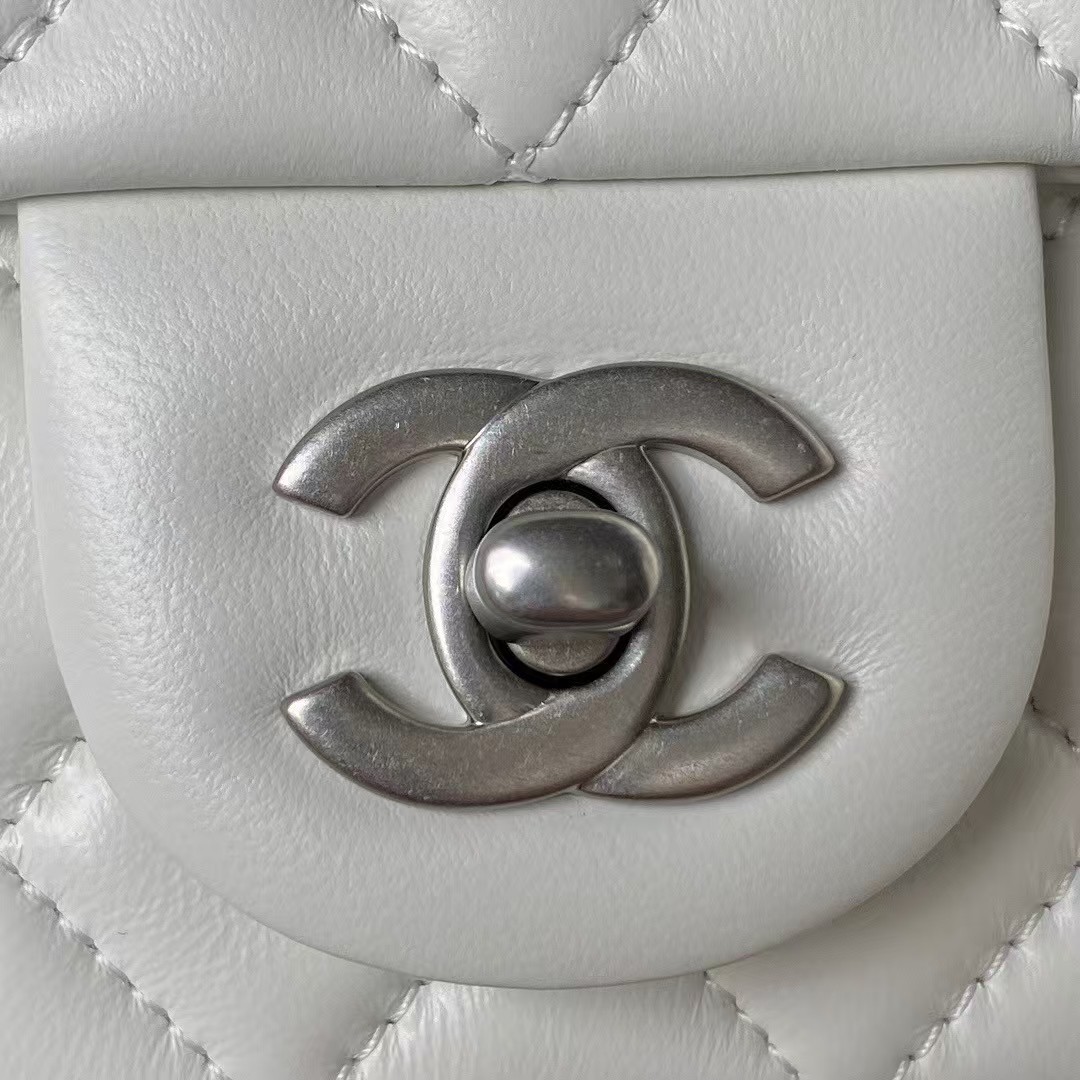 Chanel 23K AS1787 Mini Pearl Embossed Rectangular Flap Bag Lambskin Brushed Silver Metal Hardware White