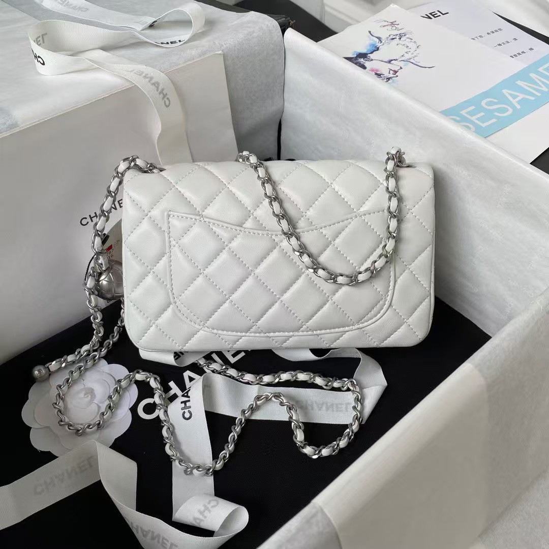 Chanel 23K AS1787 Mini Pearl Embossed Rectangular Flap Bag Lambskin Brushed Silver Metal Hardware White - Image 6
