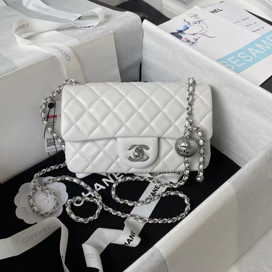 Chanel 23K AS1787 Mini Pearl Embossed Rectangular Flap Bag Lambskin Brushed Silver Metal Hardware White - Image 5