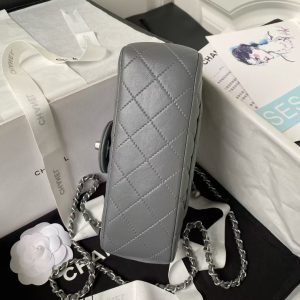 Chanel 23K AS1787 Mini Pearl Embossed Rectangular Flap Bag Lambskin Brushed Silver Metal Hardware Dark Grey