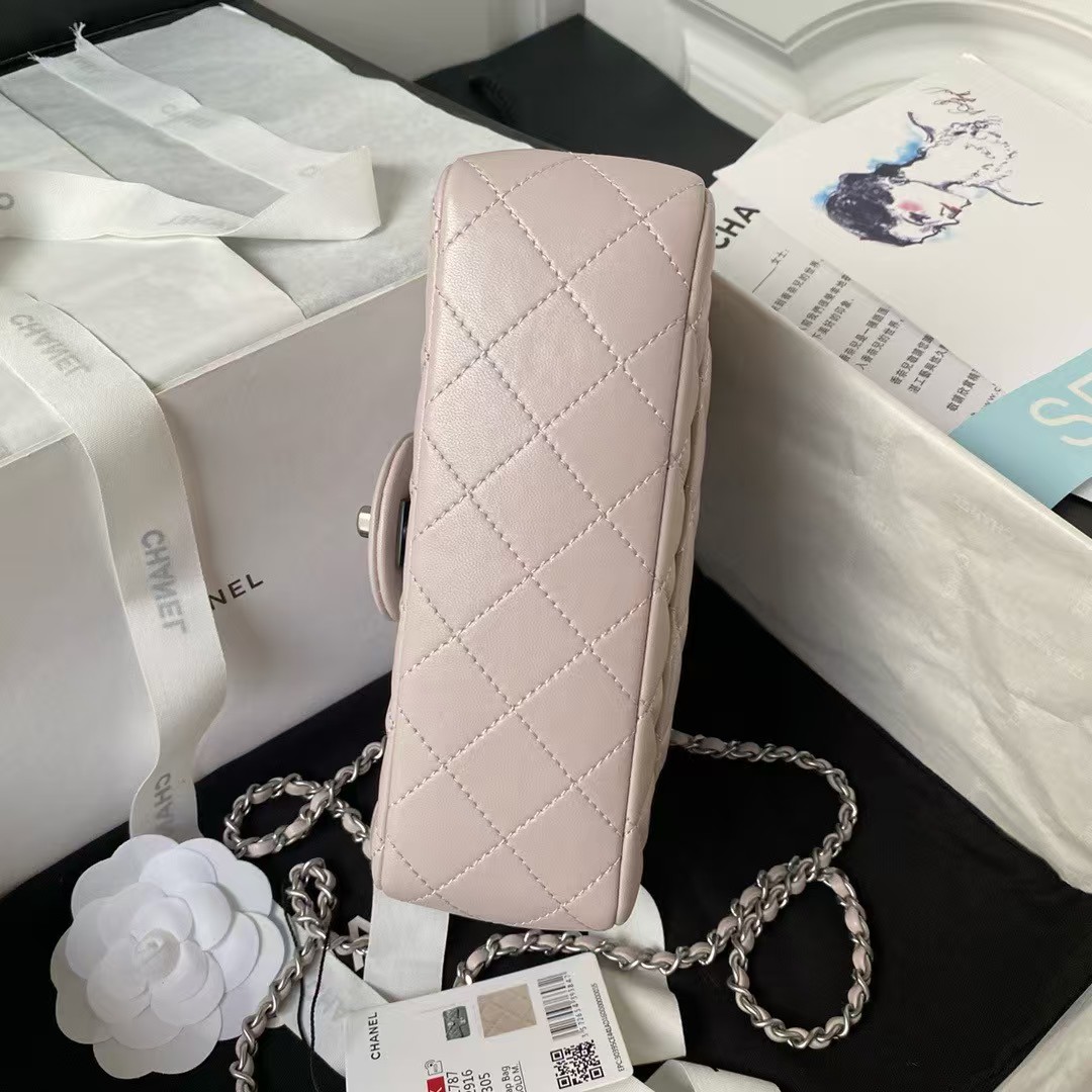 Chanel 23K AS1787 Mini Pearl Embossed Rectangular Flap Bag Lambskin Brushed Silver Metal Hardware Light Purple - Image 6