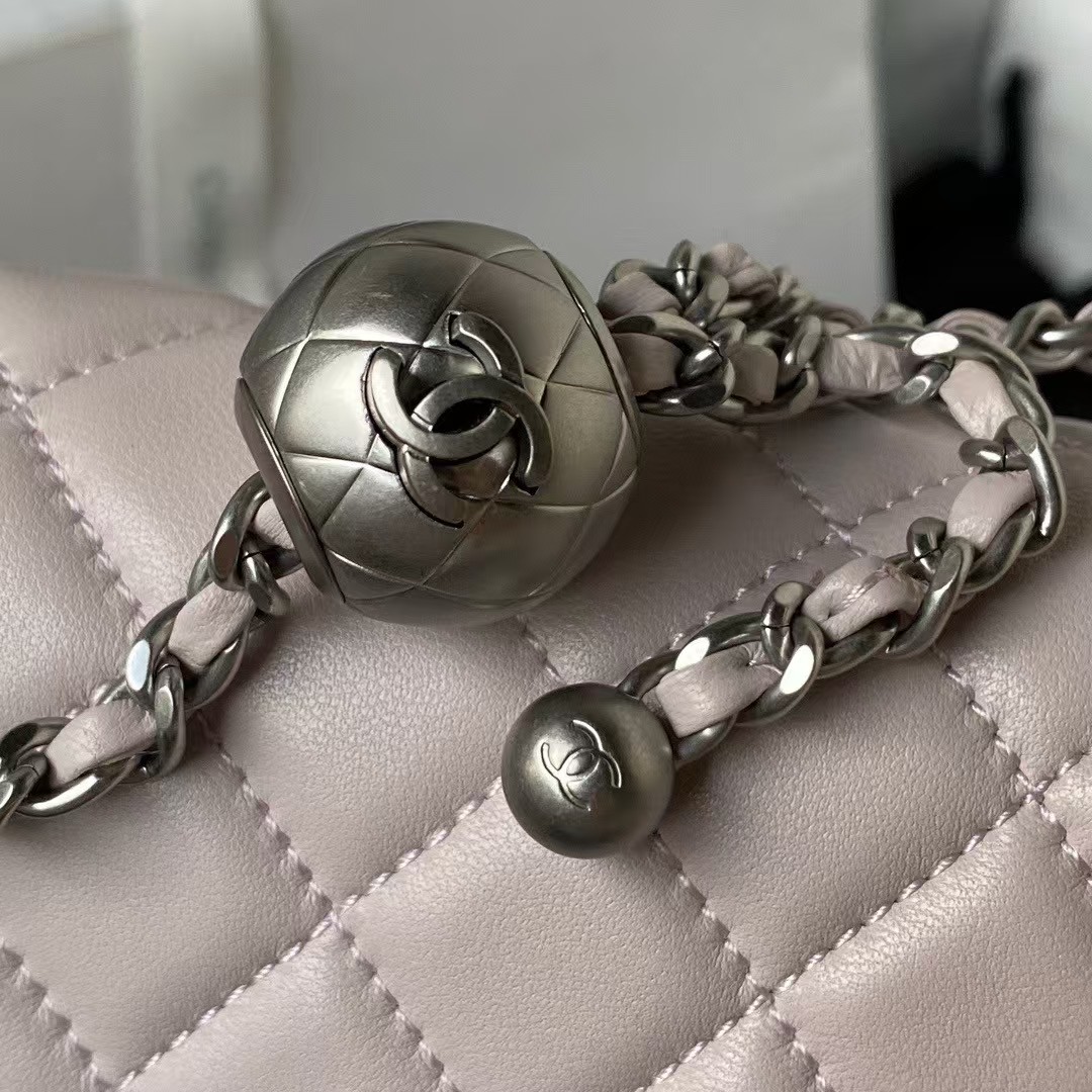 Chanel 23K AS1787 Mini Pearl Embossed Rectangular Flap Bag Lambskin Brushed Silver Metal Hardware Light Purple