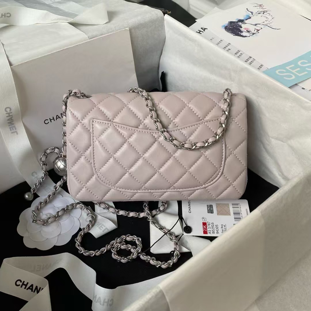 Chanel 23K AS1787 Mini Pearl Embossed Rectangular Flap Bag Lambskin Brushed Silver Metal Hardware Light Purple - Image 2