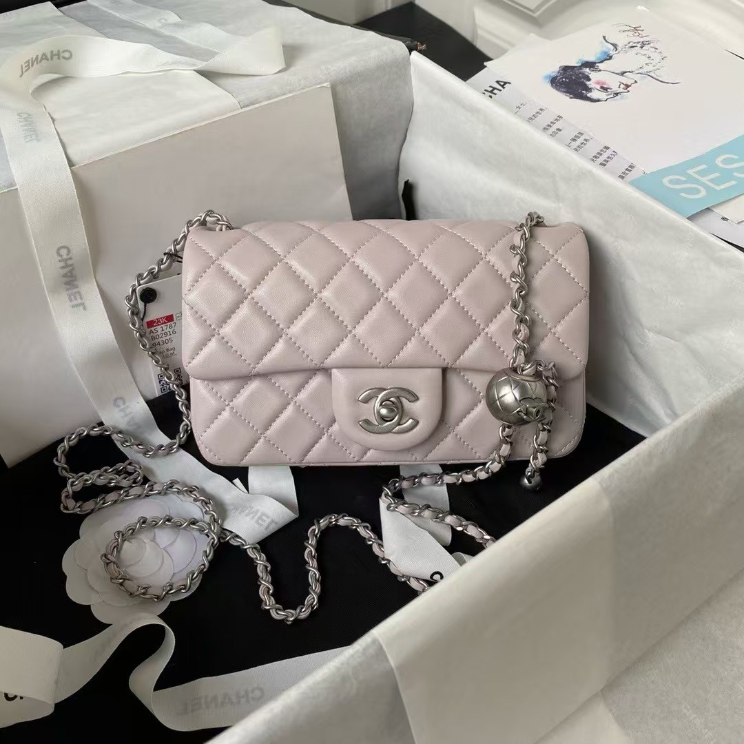 Chanel 23K AS1787 Mini Pearl Embossed Rectangular Flap Bag Lambskin Brushed Silver Metal Hardware Light Purple - Image 5