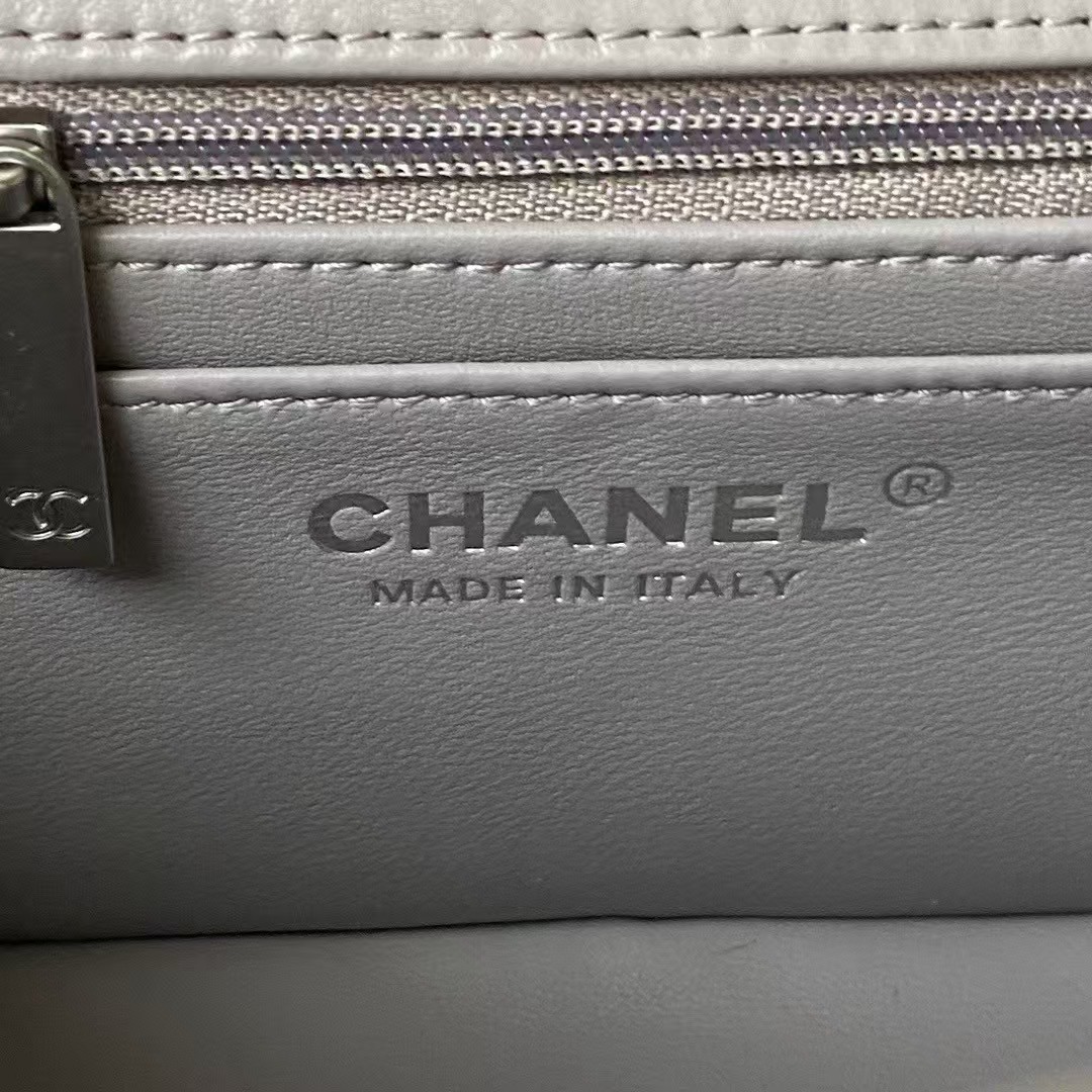 Chanel 23K AS1787 Mini Pearl Embossed Rectangular Flap Bag Lambskin Brushed Silver Metal Hardware Light Grey - Image 4