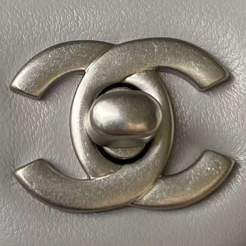 Chanel 23K AS1787 Mini Pearl Embossed Rectangular Flap Bag Lambskin Brushed Silver Metal Hardware Light Grey