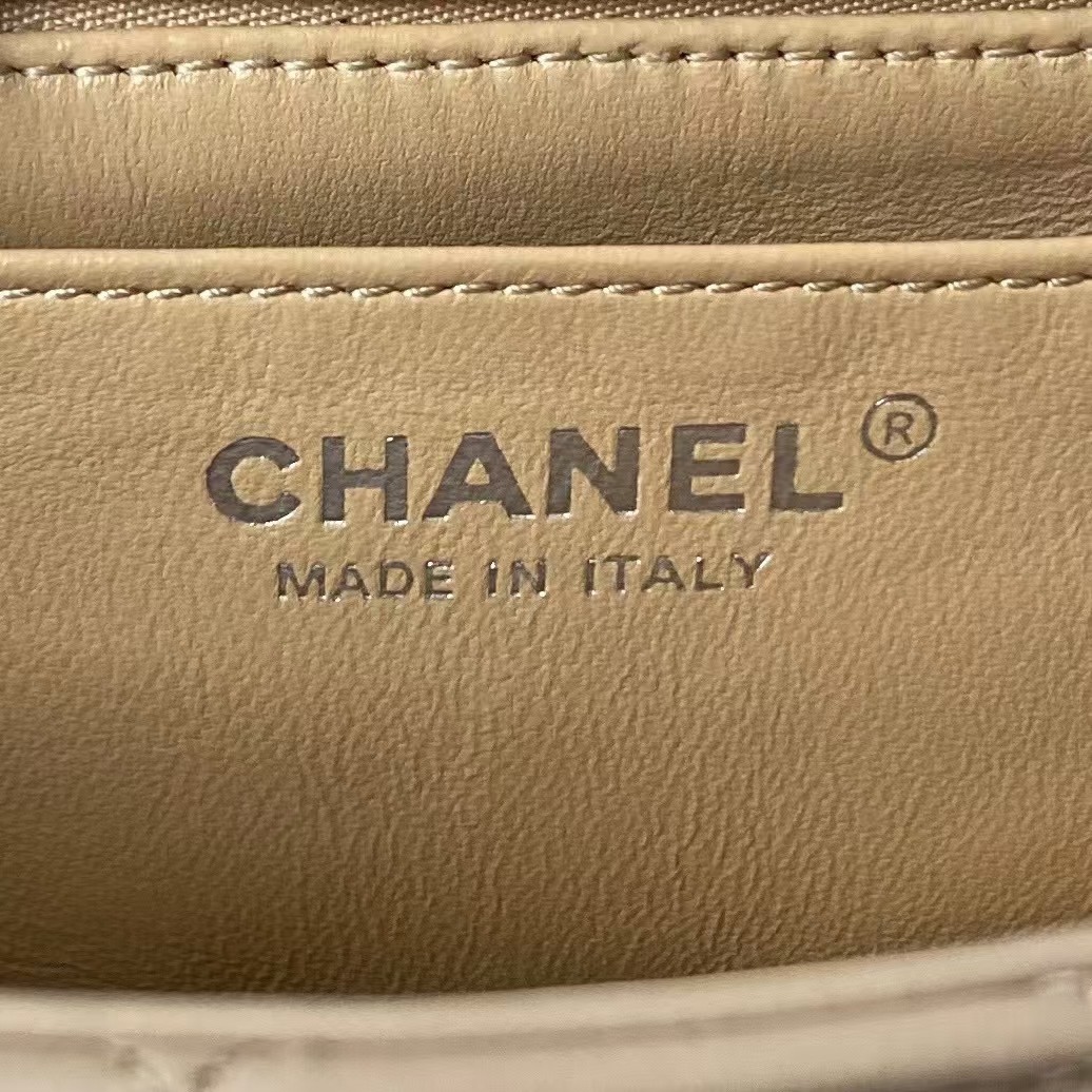 Chanel 23K AS1787 Mini Pearl Embossed Rectangular Flap Bag Lambskin Brushed Silver Metal Hardware Apricot - Image 9