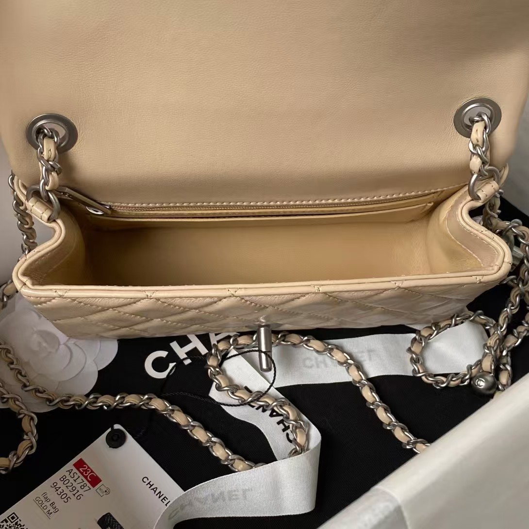 Chanel 23K AS1787 Mini Pearl Embossed Rectangular Flap Bag Lambskin Brushed Silver Metal Hardware Apricot - Image 5