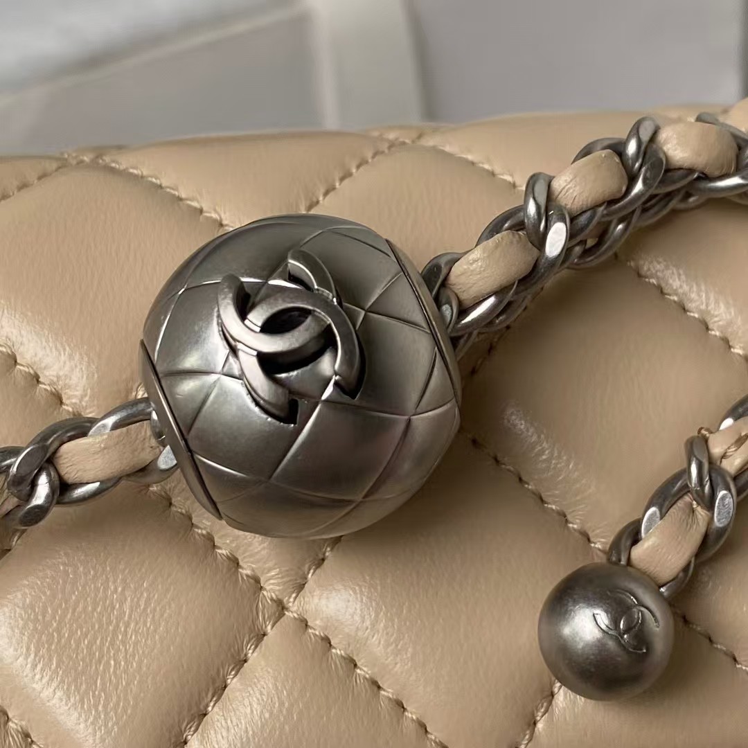 Chanel 23K AS1787 Mini Pearl Embossed Rectangular Flap Bag Lambskin Brushed Silver Metal Hardware Apricot - Image 2