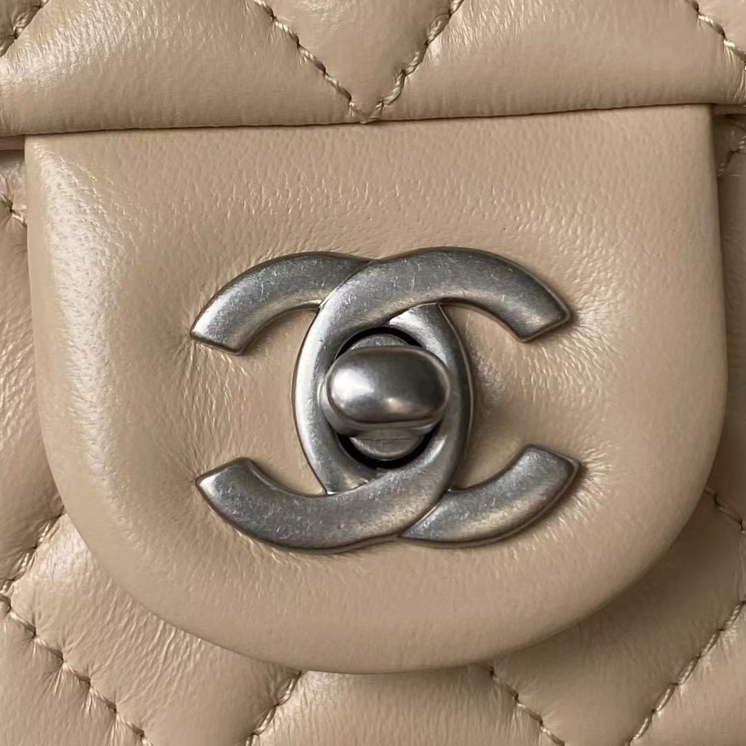 Chanel 23K AS1787 Mini Pearl Embossed Rectangular Flap Bag Lambskin Brushed Silver Metal Hardware Apricot - Image 8