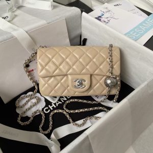Chanel 23K AS1787 Mini Pearl Embossed Rectangular Flap Bag Lambskin Brushed Silver Metal Hardware Apricot
