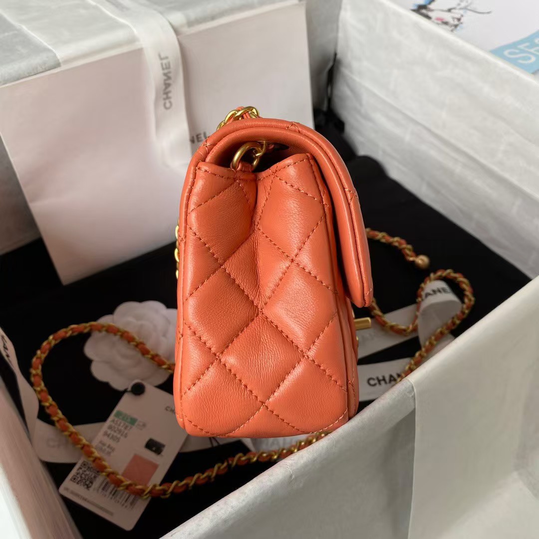 Chanel 23K AS1787 Mini Pearl Embossed Rectangular Flap Bag Lambskin Brushed Metal Hardware Orange - Image 3