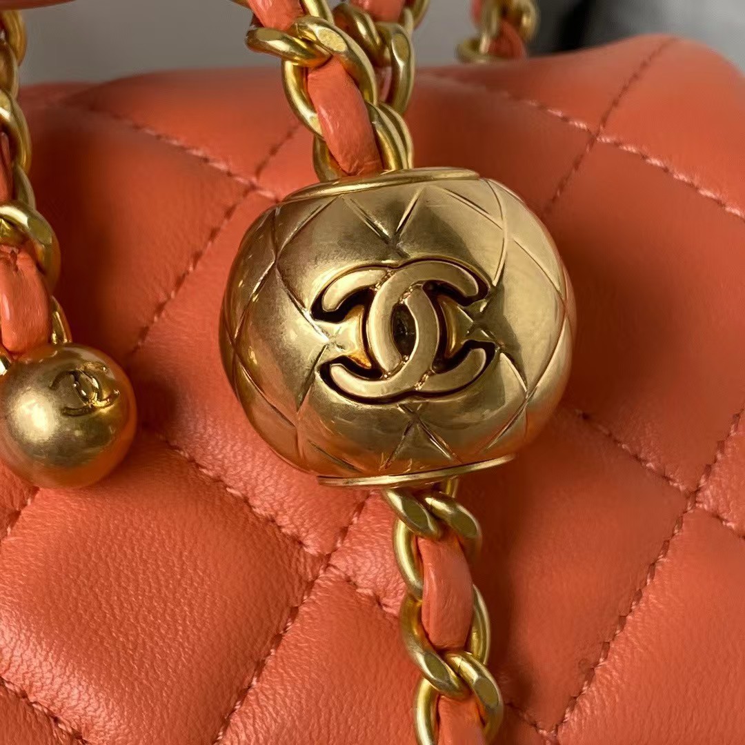 Chanel 23K AS1787 Mini Pearl Embossed Rectangular Flap Bag Lambskin Brushed Metal Hardware Orange - Image 5