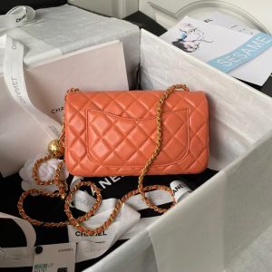 Chanel 23K AS1787 Mini Pearl Embossed Rectangular Flap Bag Lambskin Brushed Metal Hardware Orange