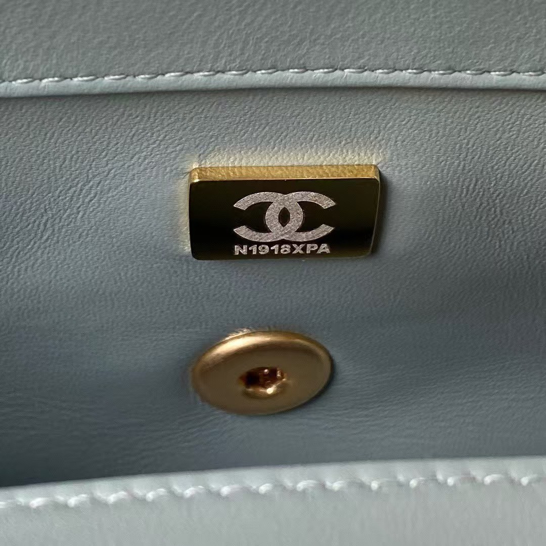Chanel 23K AS1787 Mini Pearl Embossed Rectangular Flap Bag Lambskin Brushed Metal Hardware Light Blue - Image 4