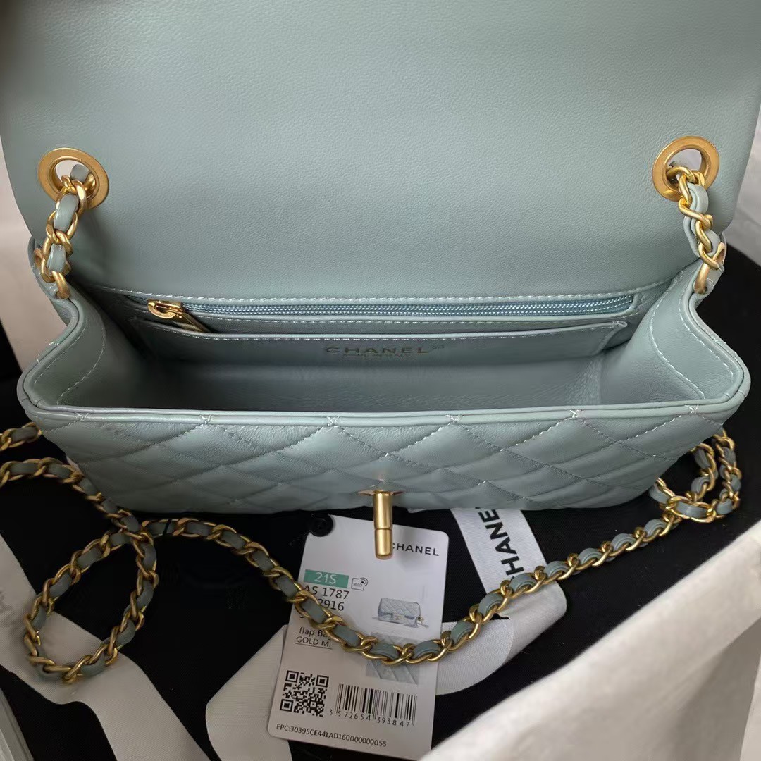Chanel 23K AS1787 Mini Pearl Embossed Rectangular Flap Bag Lambskin Brushed Metal Hardware Light Blue - Image 2