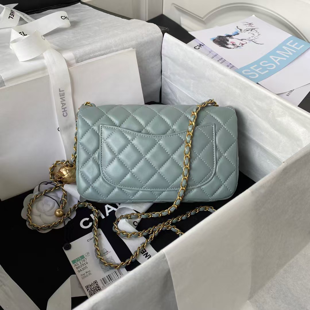 Chanel 23K AS1787 Mini Pearl Embossed Rectangular Flap Bag Lambskin Brushed Metal Hardware Light Blue - Image 5