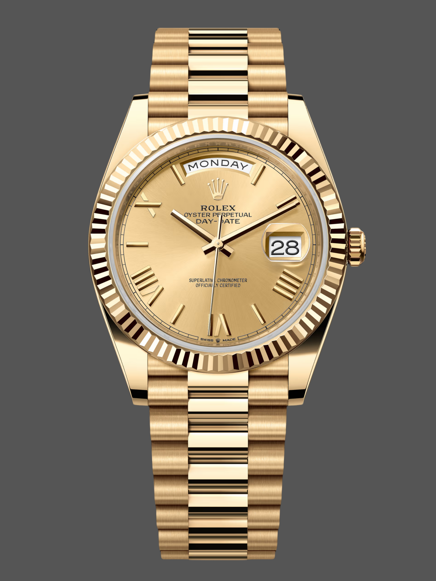 Rolex Day-Date 228238 Champagne Roman Dial Fluted Bezel 40mm Mens Replica Watch