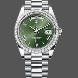 Rolex Day Date 40 Platinum Olive Green Dial Diamond Bezel M228396TBR 0020 Replica Watch