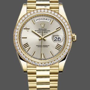 Rolex Day-Date 228348RBR Silver Roman Dial Diamond Bezel 40mm Mens Replica Watch