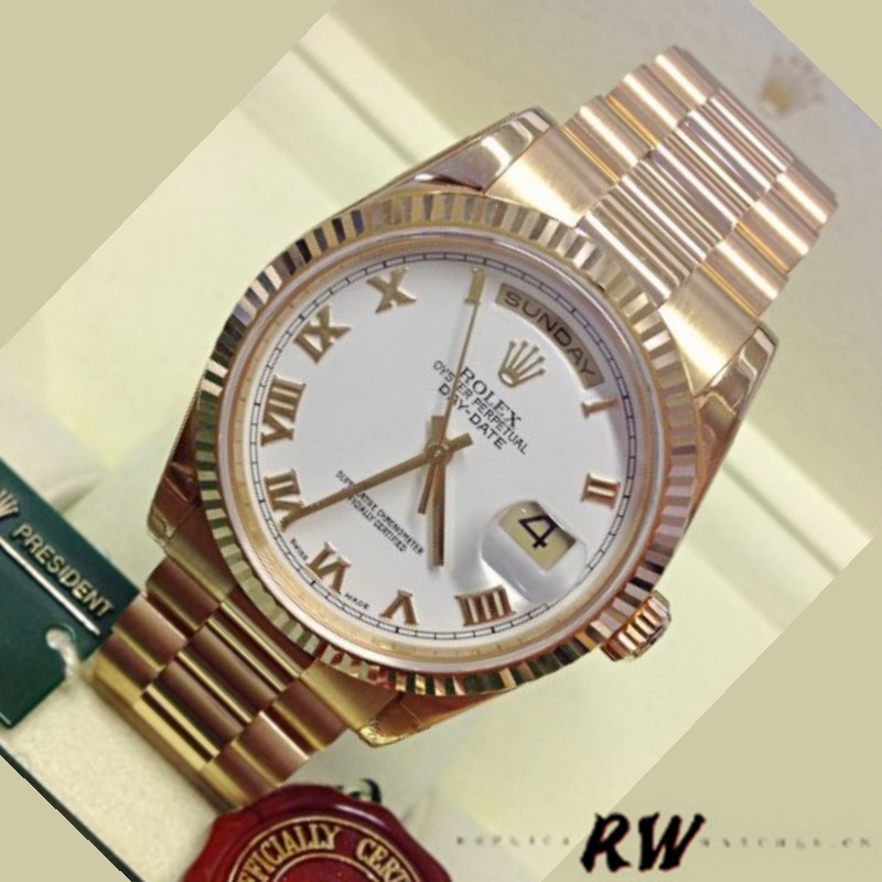Rolex Day-Date 118238 Yellow Gold White dial Fluted Bezel 36mm Unisex Replica Watch - Image 3