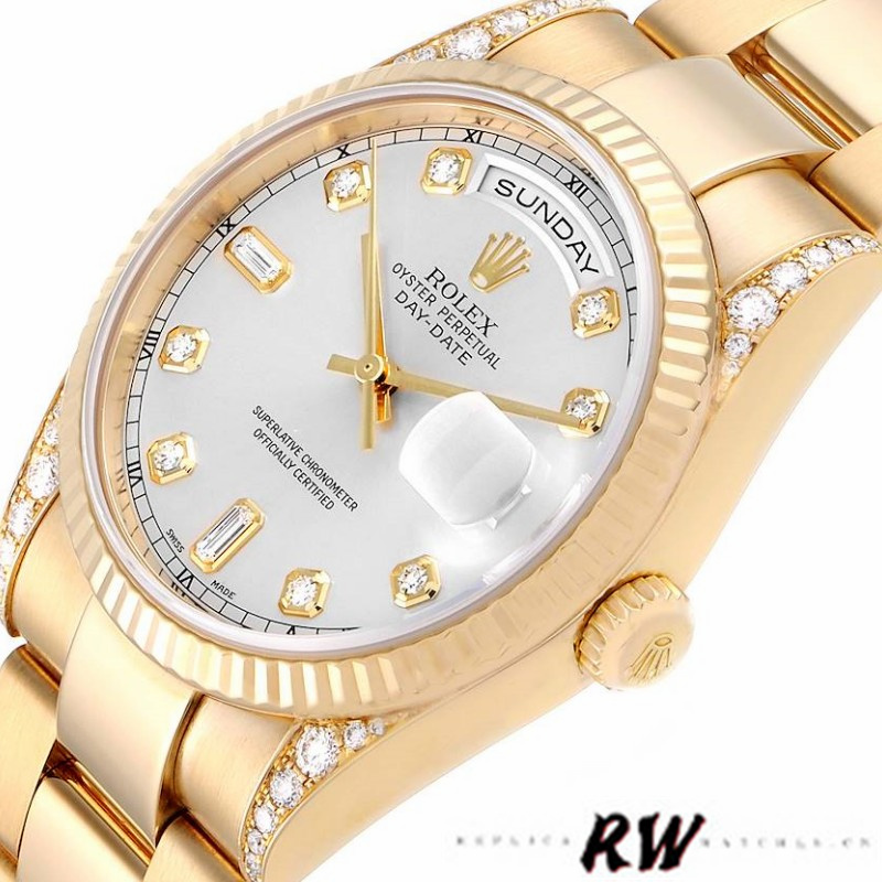 Rolex Day-Date 118338 Yellow gold Silver Diamond dial 36mm Unisex Replica Watch - Image 4