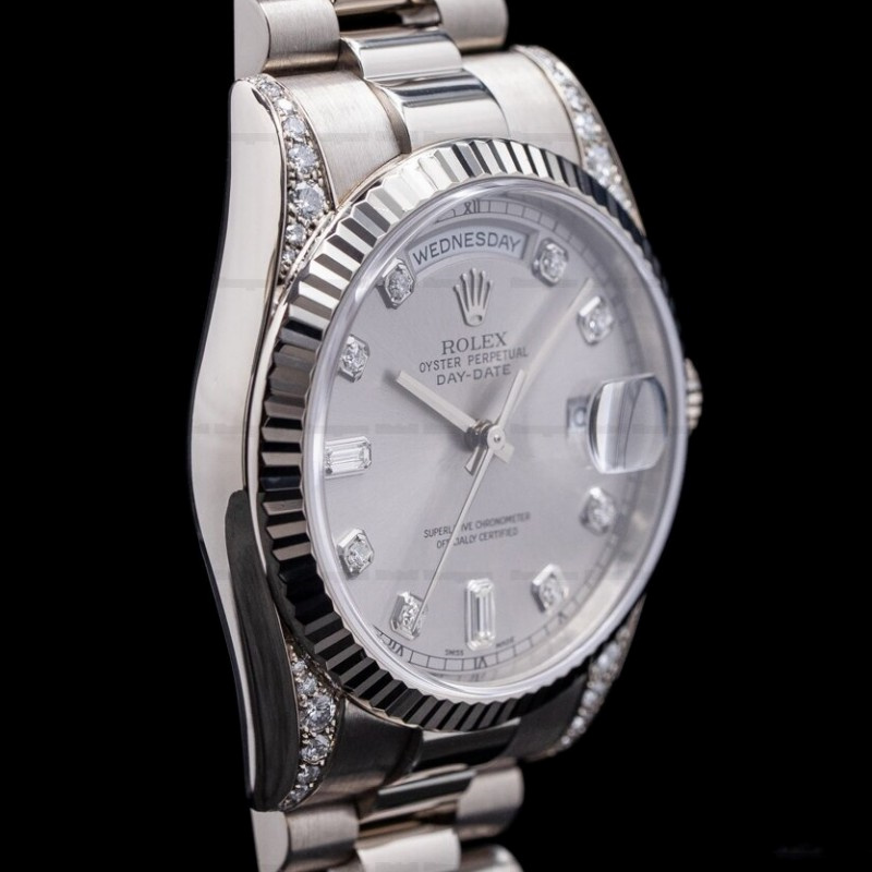 Rolex Day Date 118339 White Gold Silver Dial Fluted Bezel 36mm Unisex Replica Watch - Image 2