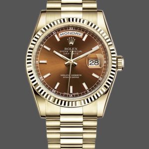 Rolex Day-Date 118238 Yellow Gold Index Cognac Dial 36mm Unisex Replica Watch