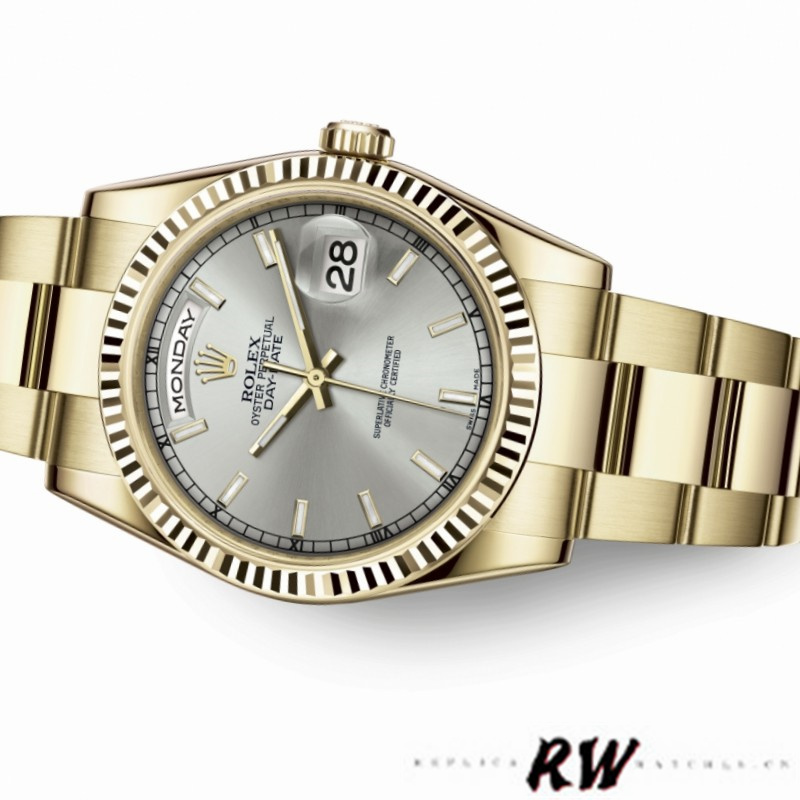 Rolex Day-Date 118238 Yellow Gold Silver dial Fluted Bezel 36mm Unisex Replica Watch - Image 3