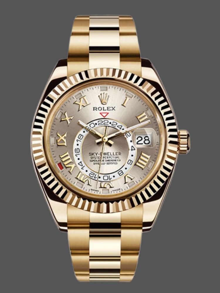 Rolex Sky-Dweller 326938 Yellow Gold Silver Dial 42mm Mens Replica Watch