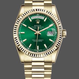 Rolex Day-Date 118238 Yellow Gold Fluted Bezel Green Dial 36mm Unisex Replica Watch