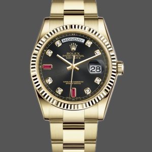 Rolex Day Date 118238 Yellow Gold Black Diamond Dial Fluted Bezel 36mm Mens Replica Watch