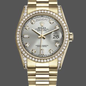 Rolex Day-Date 118388 Yellow Gold Silver Diamond Dial 36MM Unisex Replica Watch