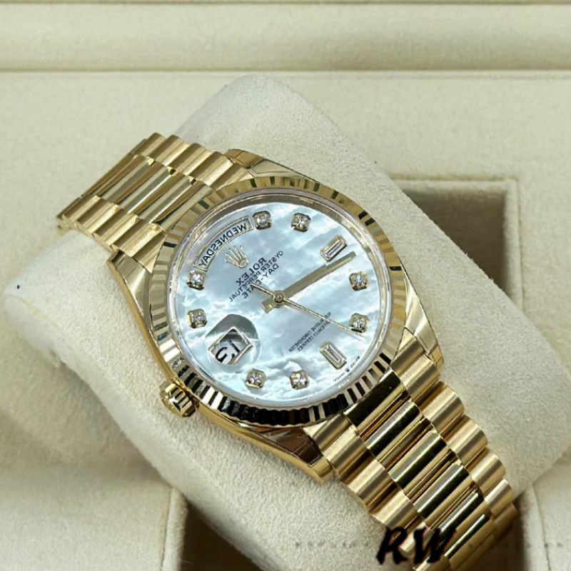Rolex Day-Date 128238 Fluted Bezel White Mother of Pearl Dial 36MM Unisex Replica Watch - Image 3