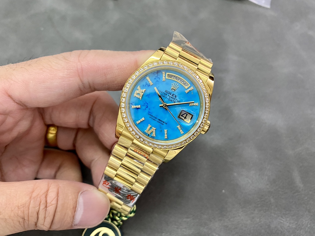 Rolex Day-Date 128348RBR Turquoise Diamond Dial Yellow Gold 36MM Unisex Replica Watch - Image 7