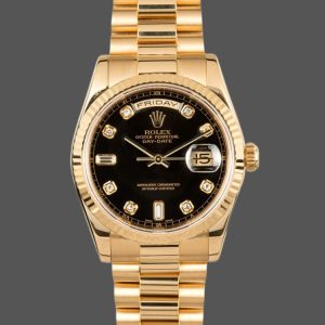 Rolex Day Date 118238 Yellow Gold Black Diamond Dial 36mm Mens Replica Watch