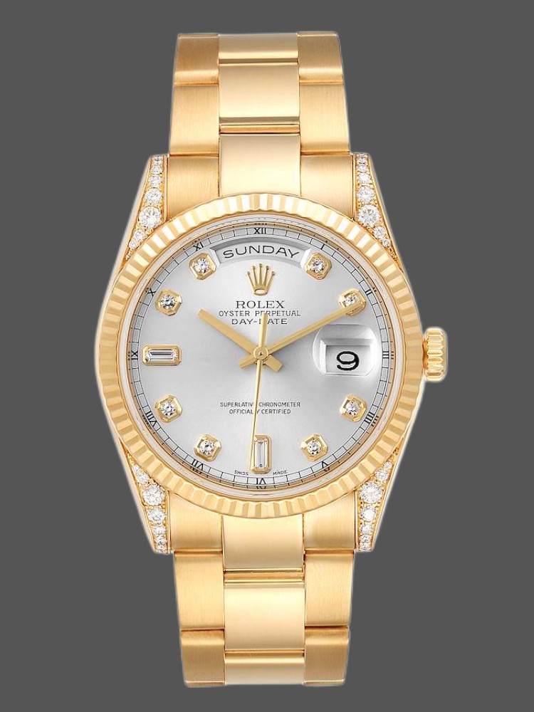 Rolex Day-Date 118338 Yellow gold Silver Diamond dial 36mm Unisex Replica Watch