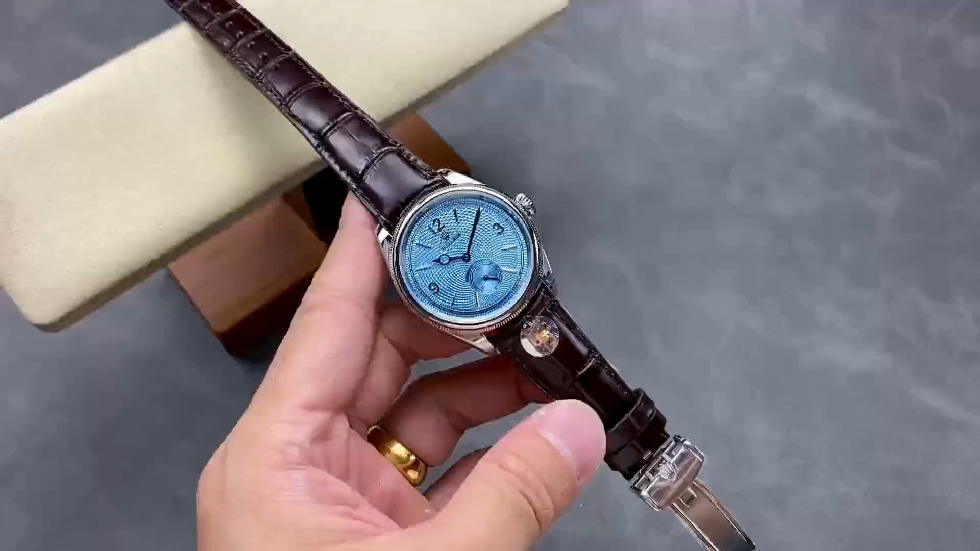 Rolex 1908 52506 0002 Ice Blue Dial Brown Leather Strap 39 mm Replica Watch - Image 2