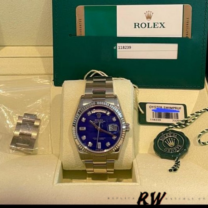 Rolex Day-Date 118239 White Gold Diamond Lapis Lazuli Blue Dial 36mm Unisex Replica Watch - Image 6