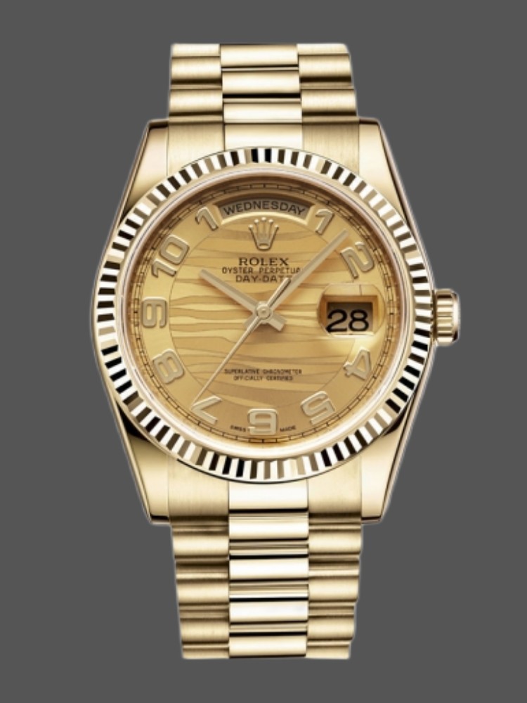 Rolex Day-Date 118238 Arabic Numeral Wave Champagne Dial Yellow gold 36mm Unisex Replica Watch