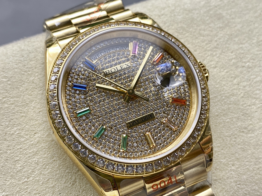 Rolex Day Date 36mm Yellow Gold 128348RBR 0030 Pave Rainbow Diamonds Sapphires Dial - Image 4