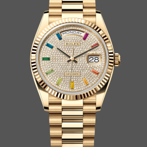 Rolex Day Date 36mm Yellow Gold 128238 0051 Pave Rainbow Diamond Dial Fluted Bezel