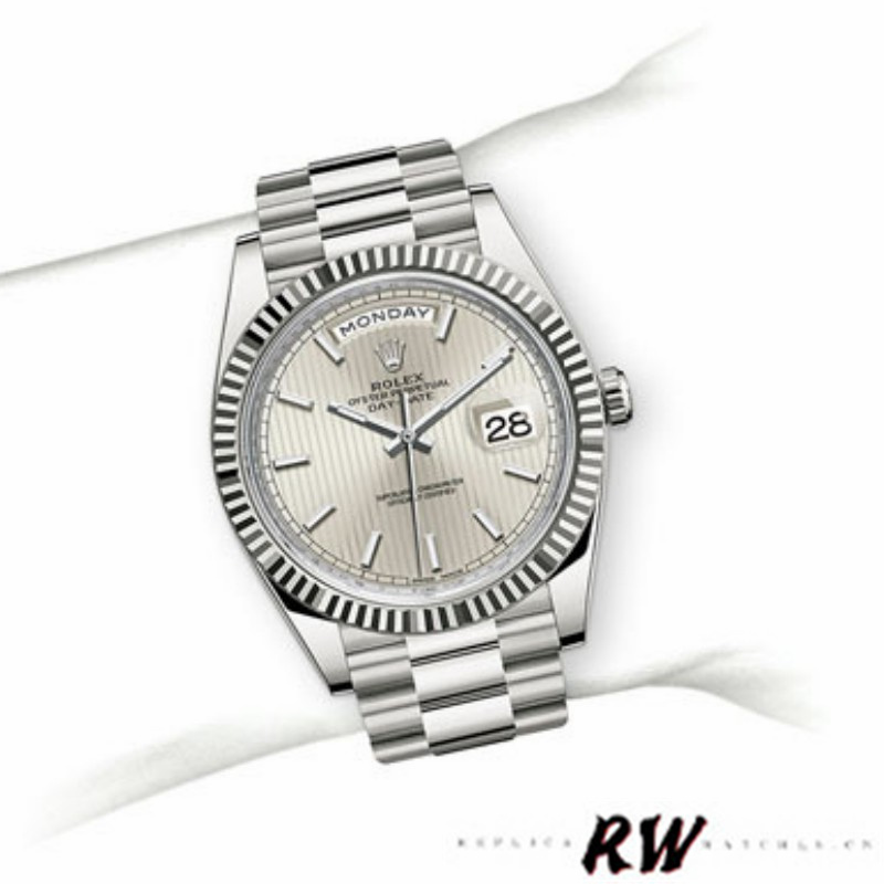 Rolex Day-Date 228239 Silver Stripe Motif Dial Fluted Bezel 40mm Mens Replica Watch - Image 4