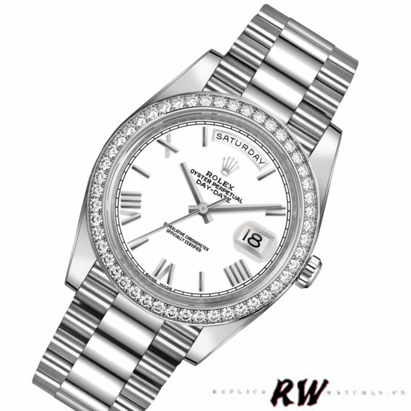 Rolex Day-Date 228349RBR White Roman Dial Diamond Bezel 40mm Mens Replica Watch - Image 3